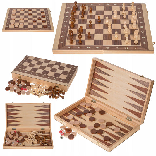 Žaidimas 3in1 Mediniai Turnyriniai Šachmatai 4 + Backgammon + Šaškės - 44 x 44 cm