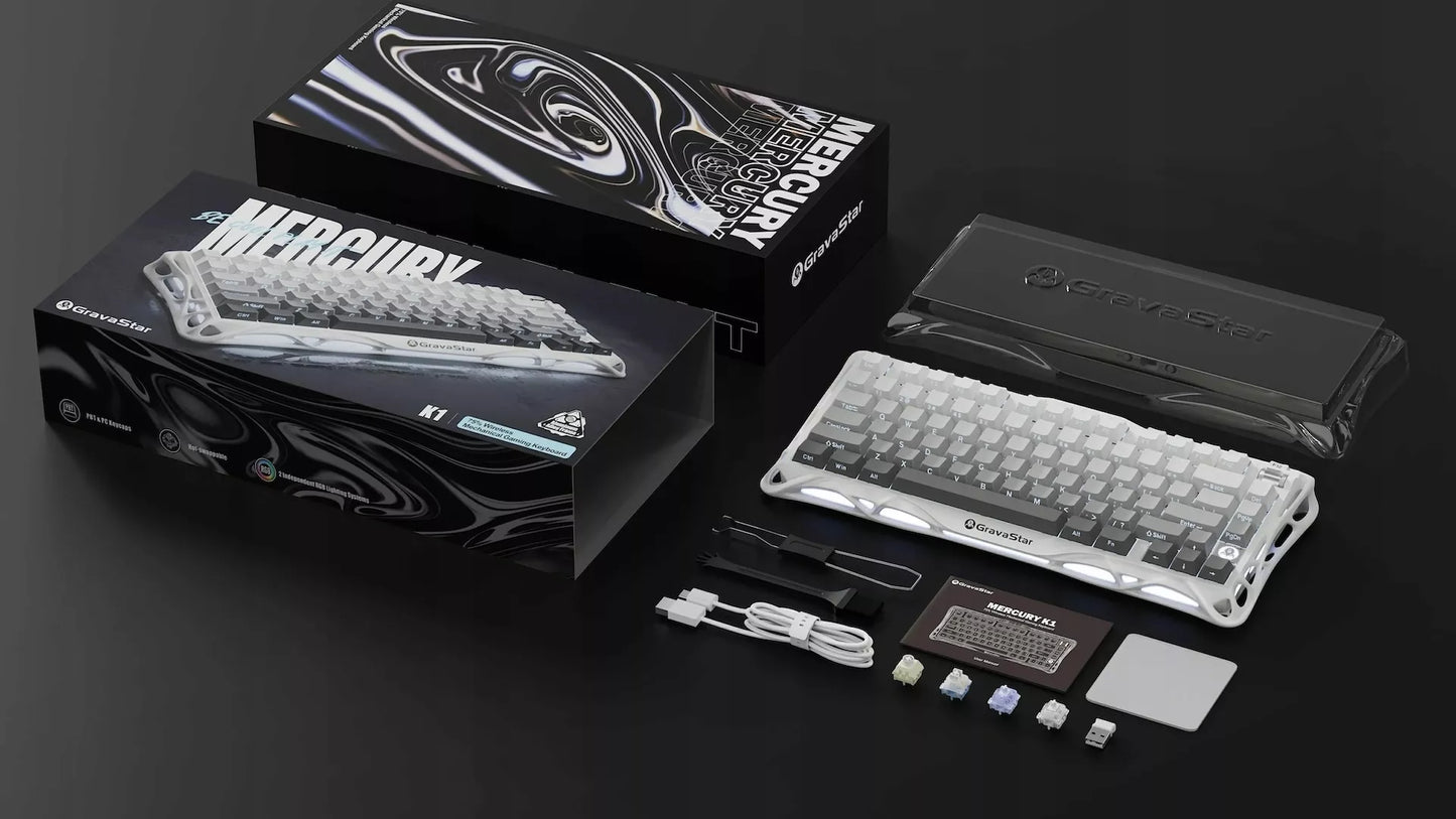 GravaStar Mercury K1 Bela belaidė mechaninė klaviatūra