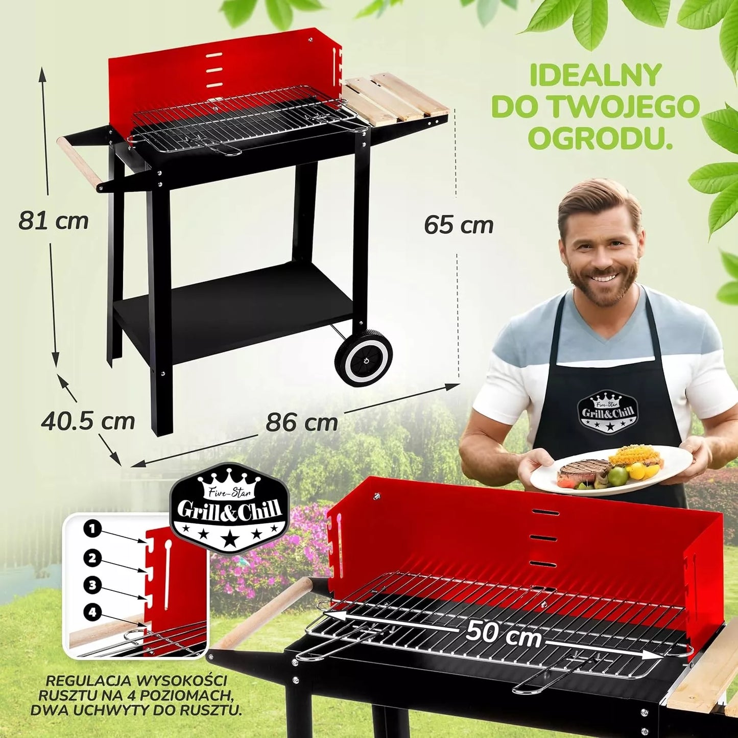 Šašlykinė / kepsninė – grotelių dydis 50x26,5 cm, su ratais ir lentynomis
