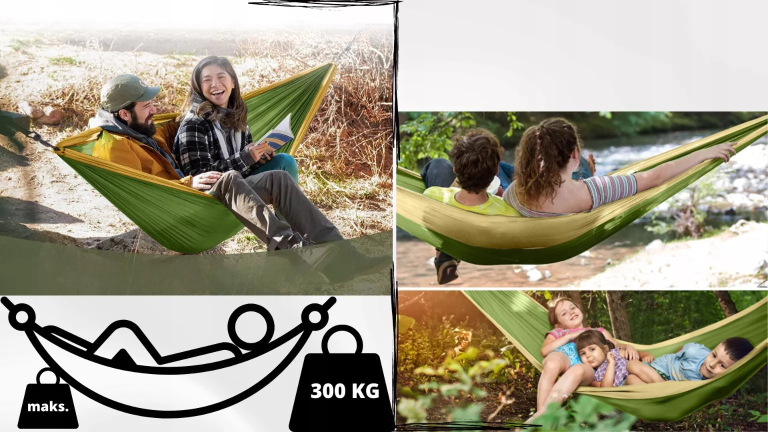 DVI VIETA HAMAKAS-SUPYNĖ 300x200 DIDELIS 300KG XXL LENGVAS STIPRUS GREITAS MONTAVIMAS