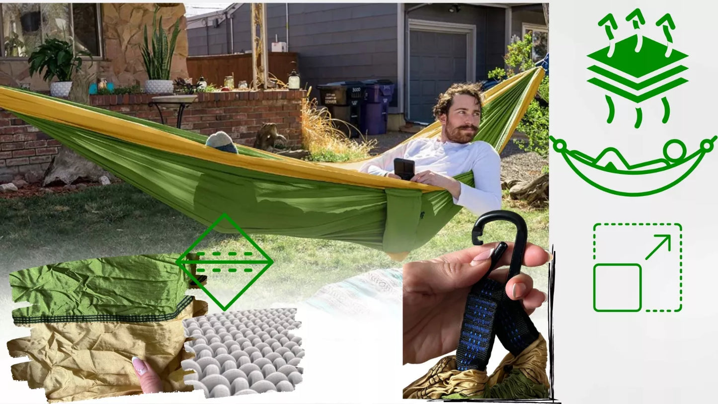 DVI VIETA HAMAKAS-SUPYNĖ 300x200 DIDELIS 300KG XXL LENGVAS STIPRUS GREITAS MONTAVIMAS