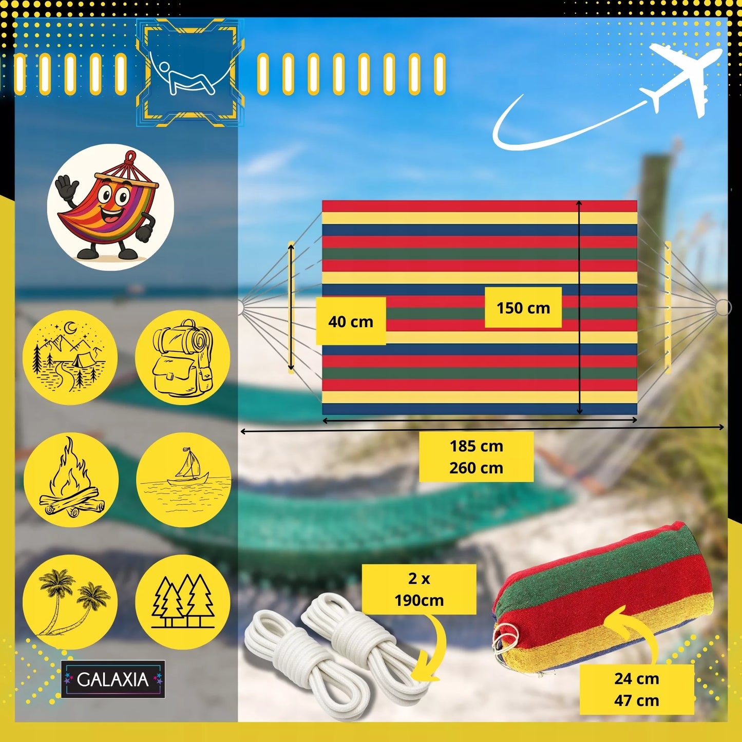 Sodo hamakas 2 asmenims, didelis turistinis, dvivietis su strypu, XXL 260x150