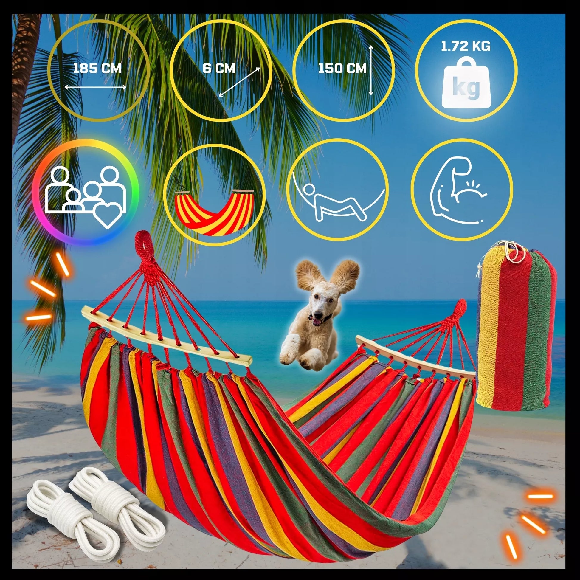 Sodo hamakas 2 asmenims, didelis turistinis, dvivietis su strypu, XXL 260x150