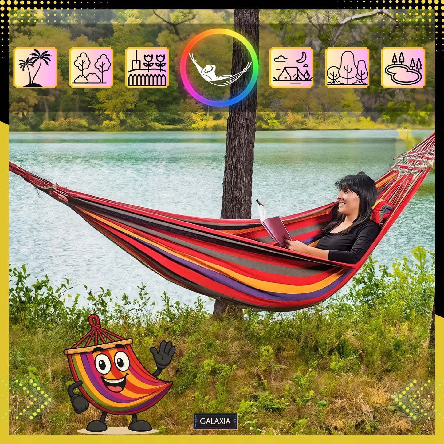 Sodo hamakas 2 asmenims, didelis turistinis, dvivietis su strypu, XXL 260x150