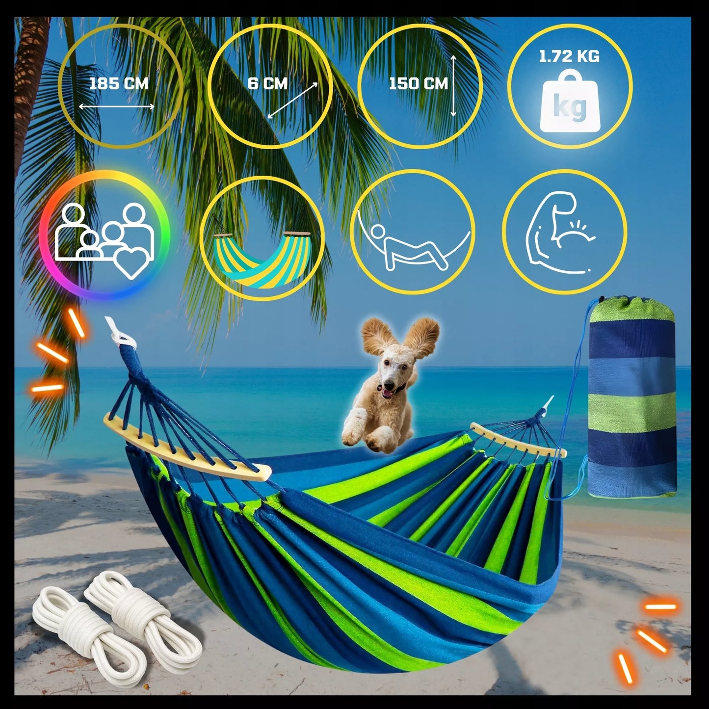 SODINĖ DVI VIETĖS HAMAKAS XXL 260x150 2 asmenims Turistinis su skersiniu DIDELIS