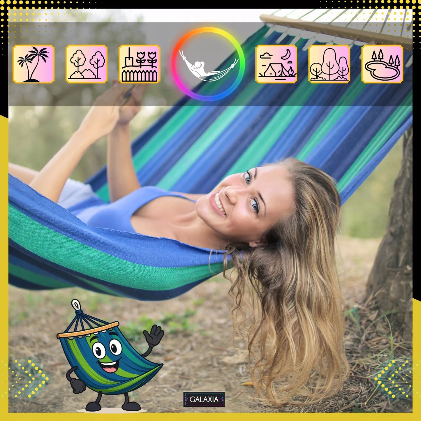 SODINĖ DVI VIETĖS HAMAKAS XXL 260x150 2 asmenims Turistinis su skersiniu DIDELIS