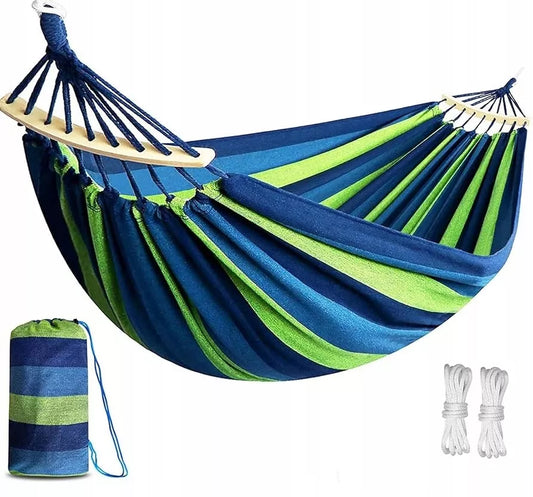 Sodo hamakas dvivietis XXL – su laikikliu, 200 kg talpa, 260×150 cm