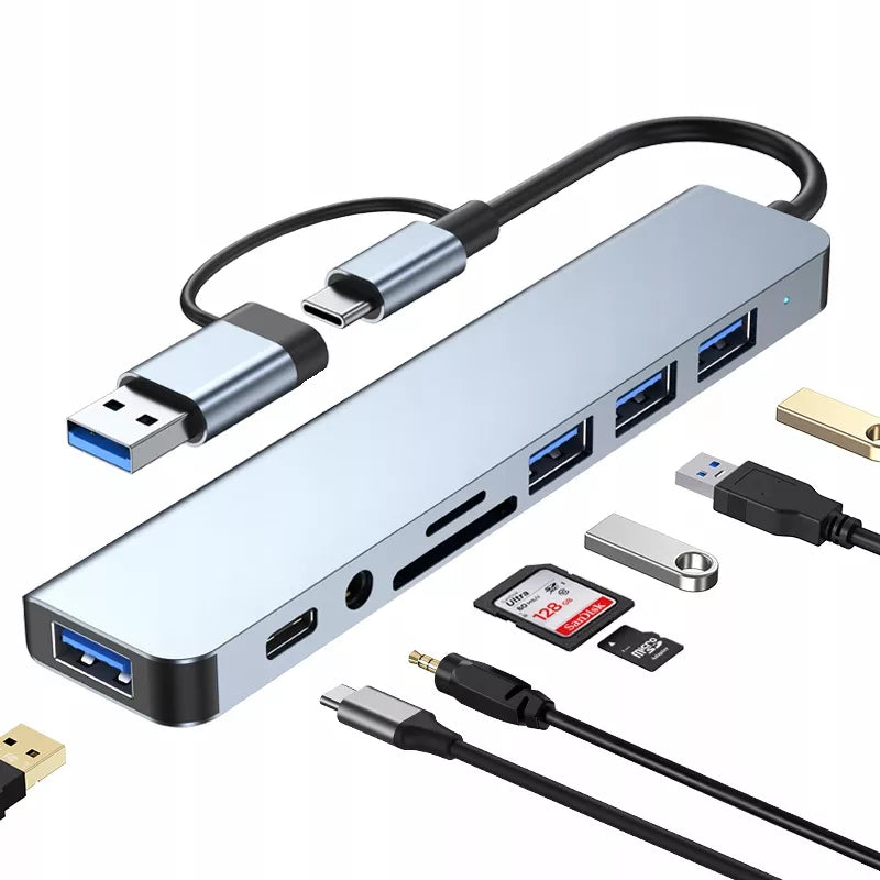 USB-C HUB 8-in-1 – daugiafunkcinis adapteris su USB 3.0, SD ir audio