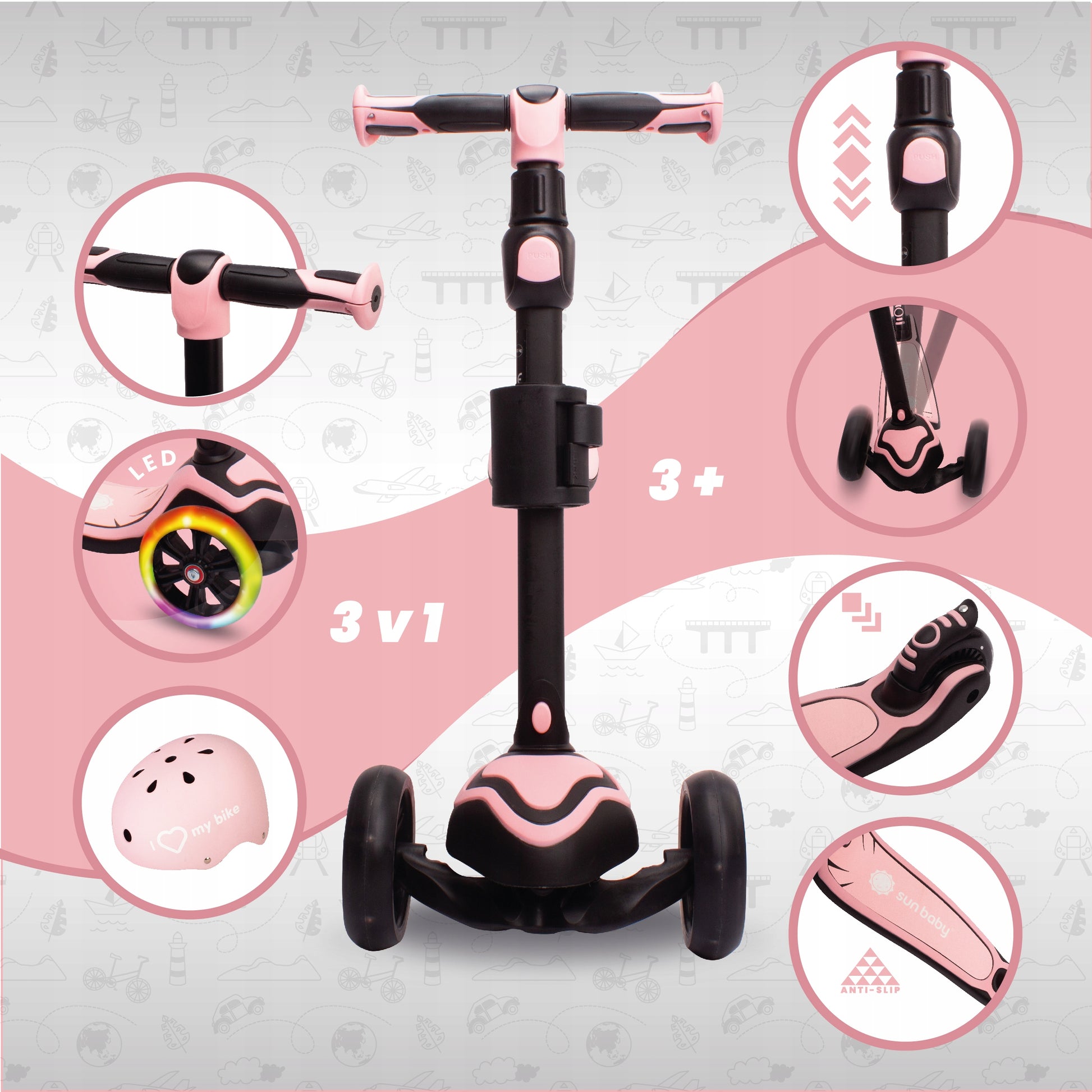 Flash 3in1 balansinis triratis riedis LED, reguliuojamas, 50 kg, vaikams