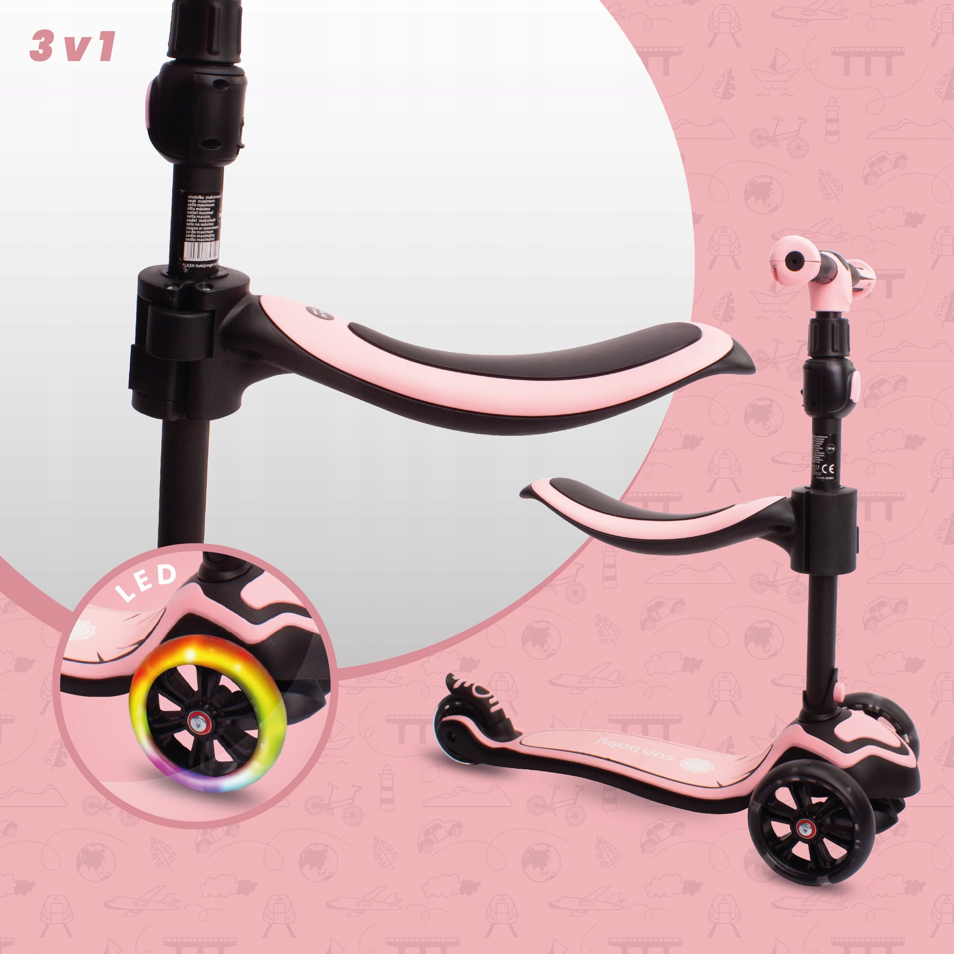 Flash 3in1 balansinis triratis riedis LED, reguliuojamas, 50 kg, vaikams