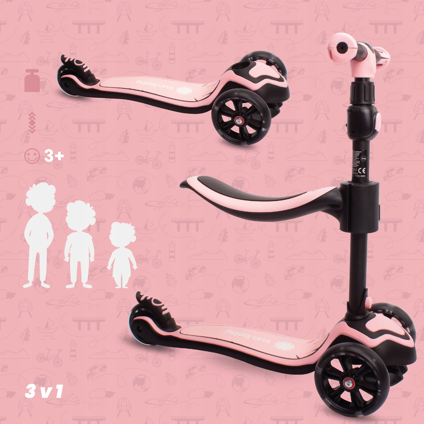 Flash 3in1 balansinis triratis riedis LED, reguliuojamas, 50 kg, vaikams