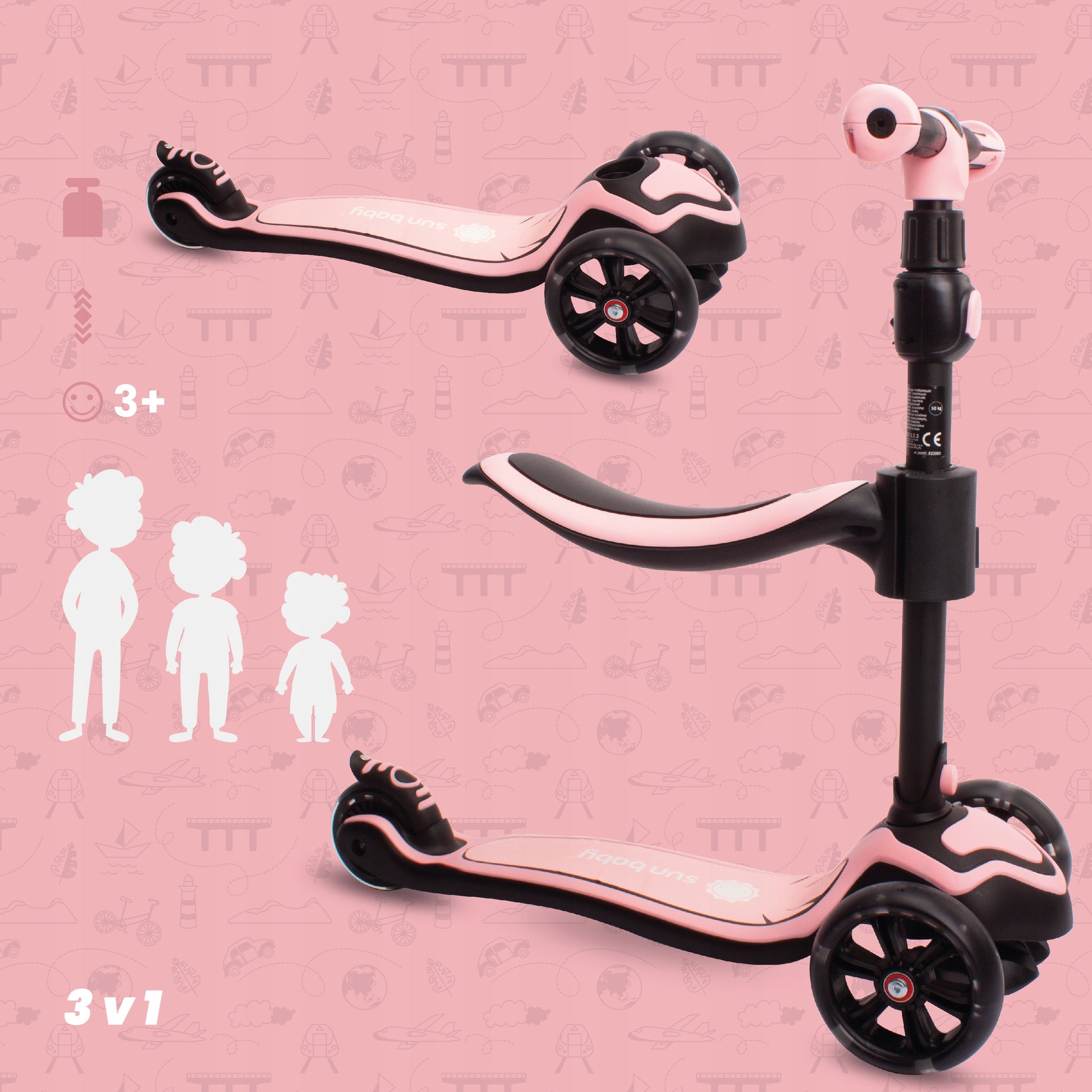 Flash 3in1 balansinis triratis riedis LED, reguliuojamas, 50 kg, vaikams