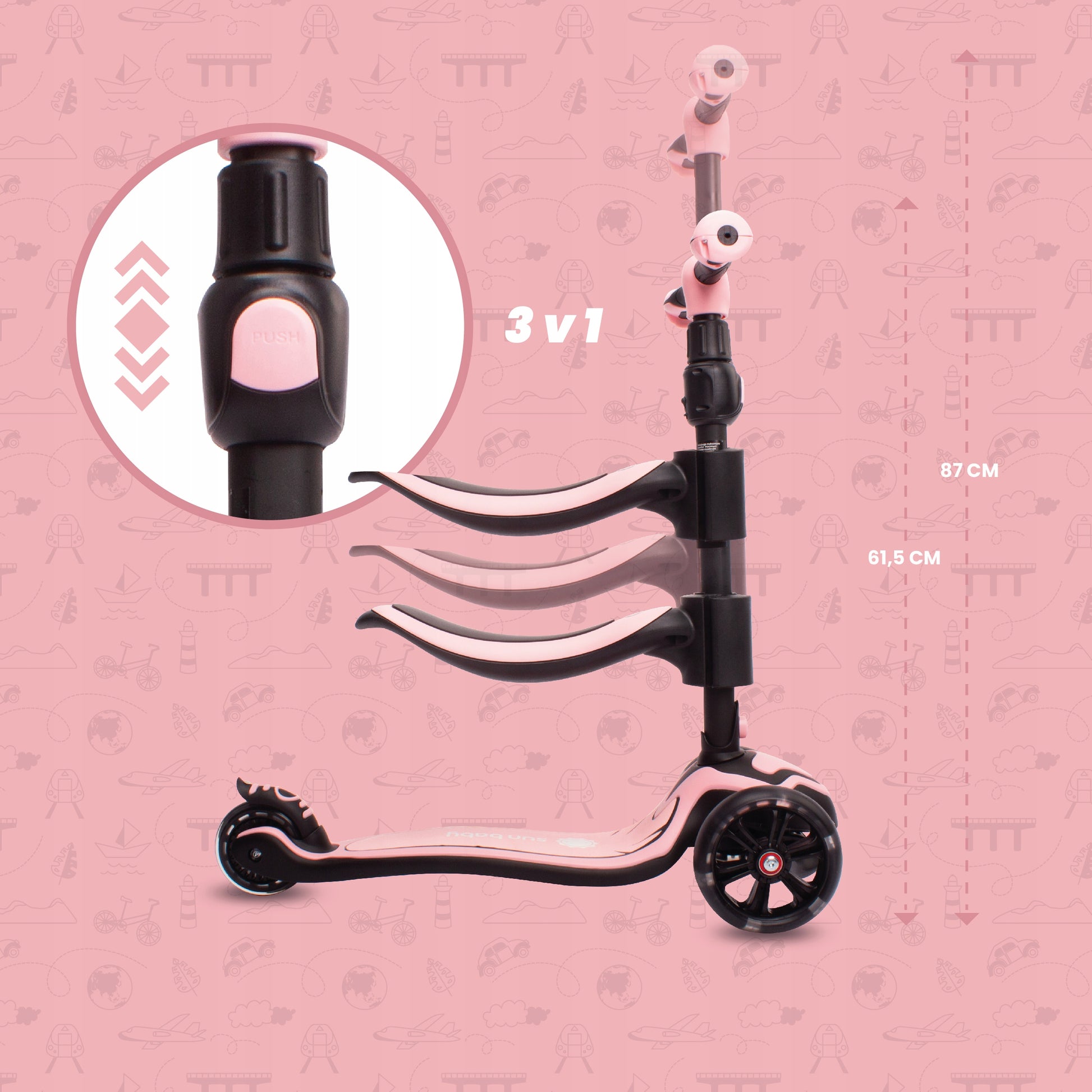 Flash 3in1 balansinis triratis riedis LED, reguliuojamas, 50 kg, vaikams