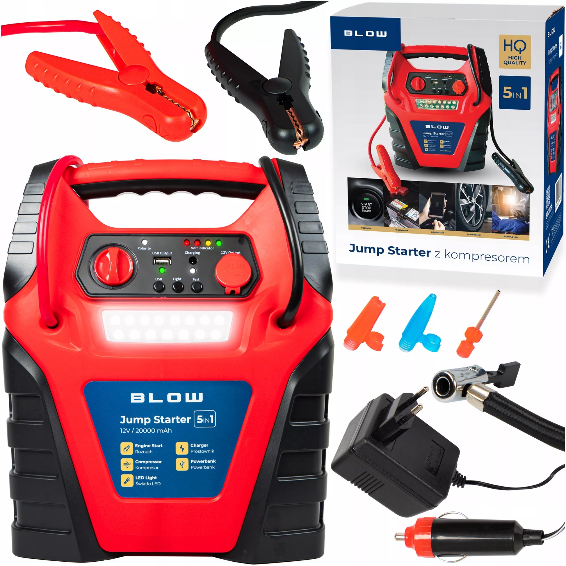 Jump starter / powerbank 5 in 1 – kompresorius ir siurblys automobiliams 12 V, 20000 mAh