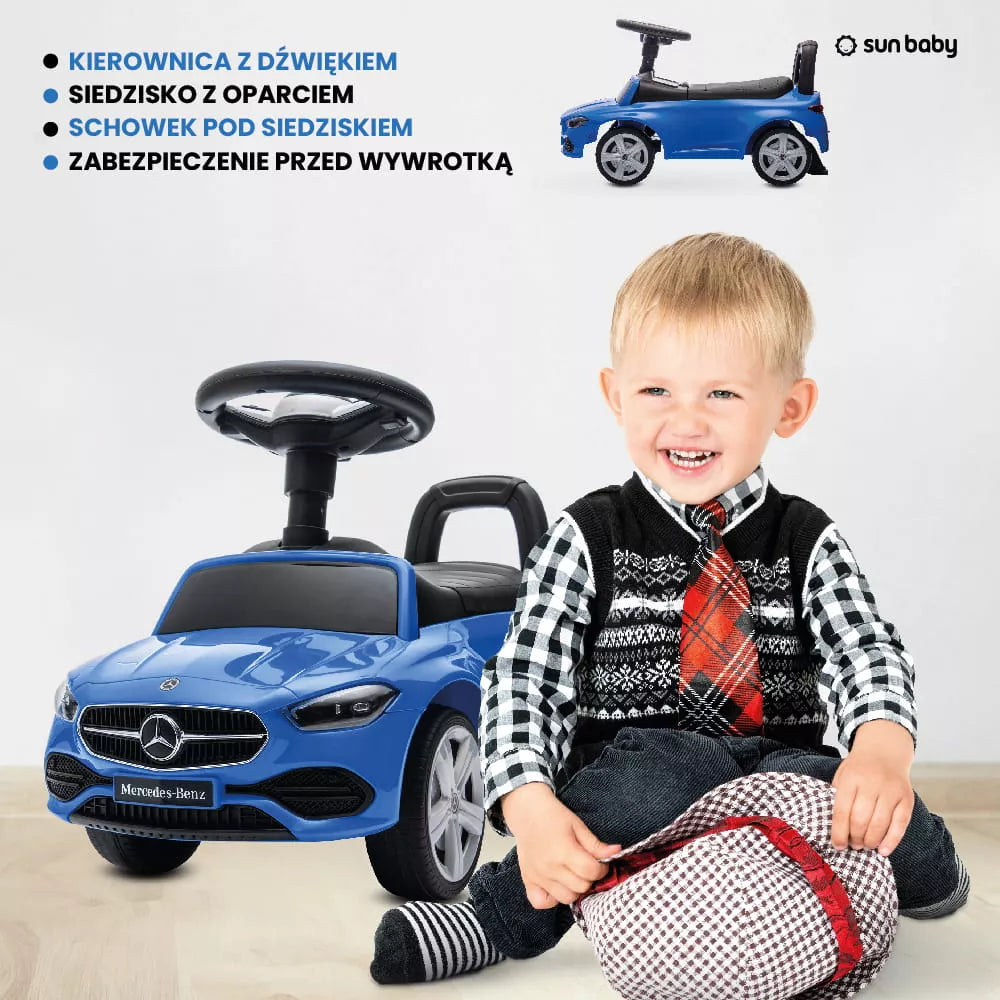 Vaikiškas stumdukas 4in1 berniukui Mercedes C-Class su skyreliu ir garsu, atlošas
