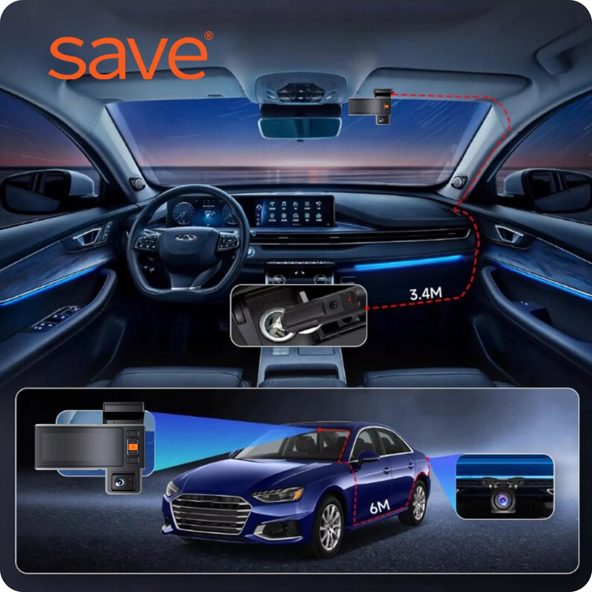 Automobilinė vaizdo kamera 3 kamerų vaizdo registratorius važiavimui 4K PL