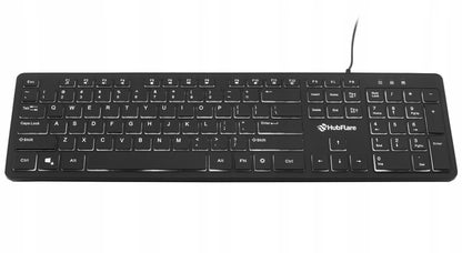 Juoda, plono (slim), žemo profilio, tyli biuro klaviatūra su LED apšvietimu