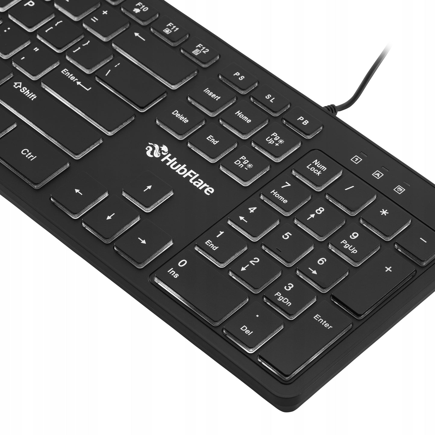 Juoda, plono (slim), žemo profilio, tyli biuro klaviatūra su LED apšvietimu