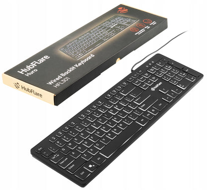 Juoda, plono (slim), žemo profilio, tyli biuro klaviatūra su LED apšvietimu