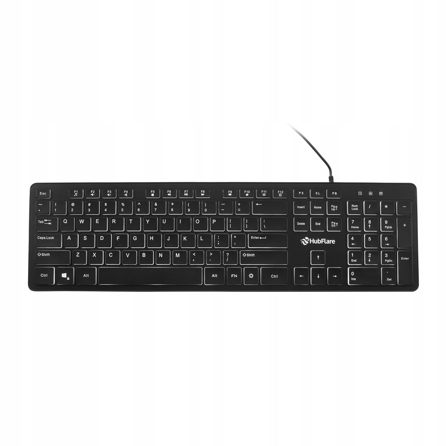 Juoda, plono (slim), žemo profilio, tyli biuro klaviatūra su LED apšvietimu