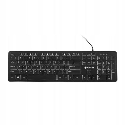 Juoda, plono (slim), žemo profilio, tyli biuro klaviatūra su LED apšvietimu