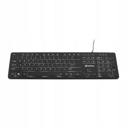 Juoda, plono (slim), žemo profilio, tyli biuro klaviatūra su LED apšvietimu