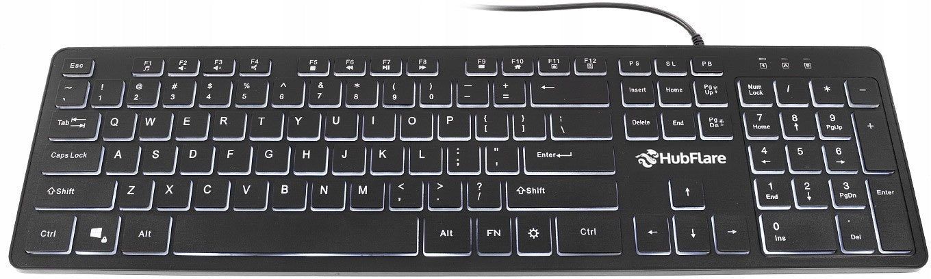 Juoda, plono (slim), žemo profilio, tyli biuro klaviatūra su LED apšvietimu