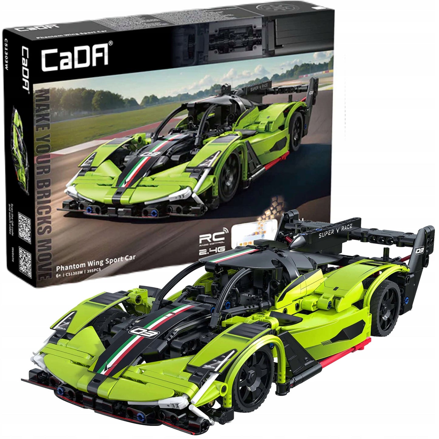 Statybiniai blokeliai CaDA nuotoliniu būdu valdomas automobilis Phantom RC 395 elementai