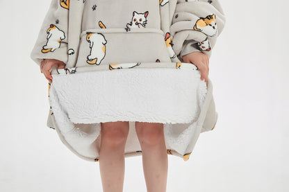 Šilta oversize antklodės džemperis 2 viename, storas XXL, su katėmis. KOCOBLUZA su gobtuvu, patogus