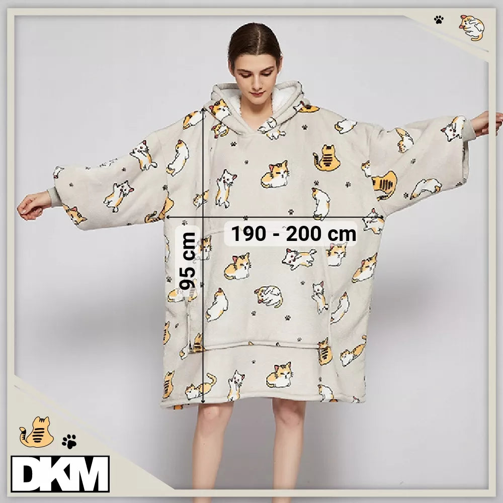 Šilta oversize antklodės džemperis 2 viename, storas XXL, su katėmis.