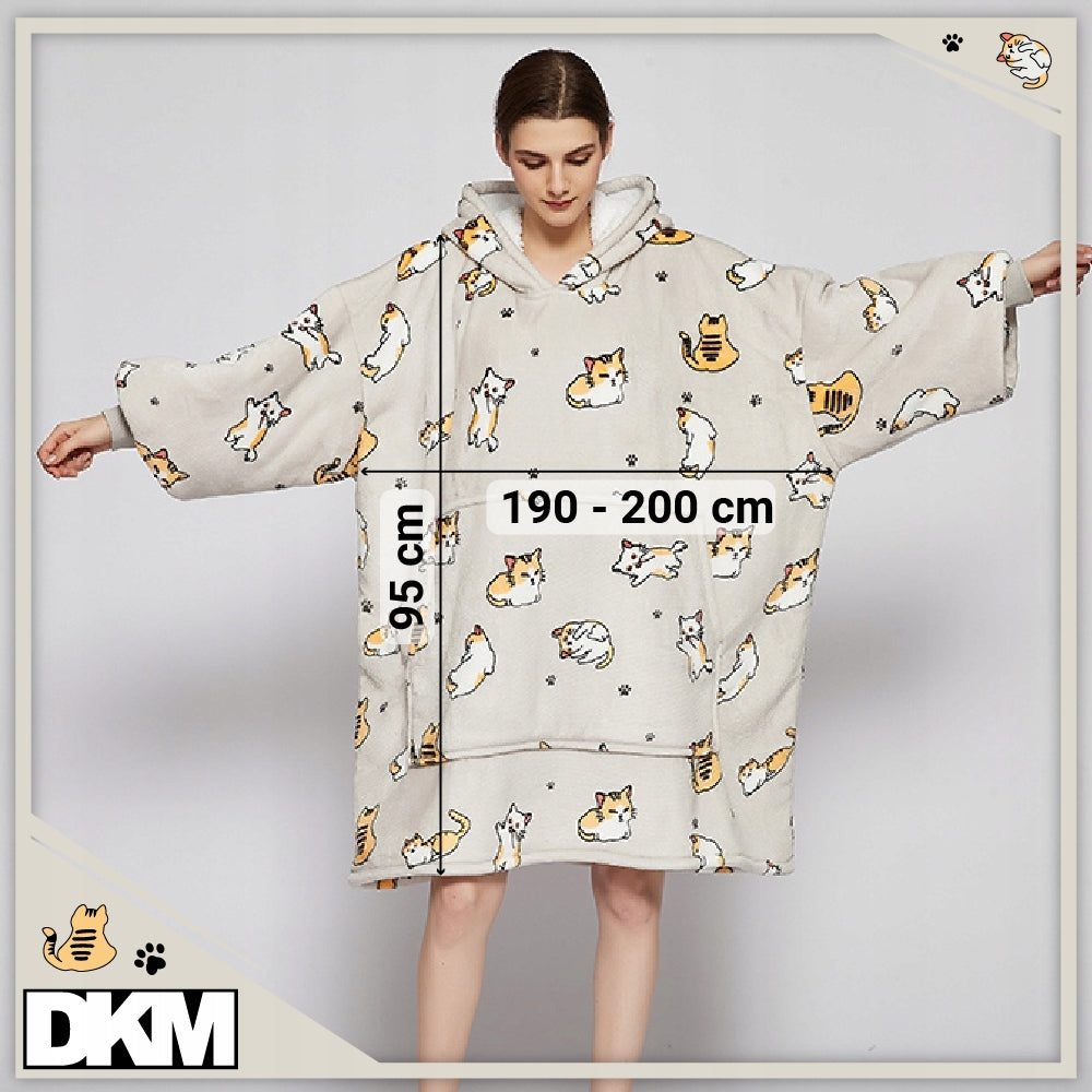 Šilta oversize antklodės džemperis 2 viename, storas XXL, su katėmis. KOCOBLUZA su gobtuvu, patogus