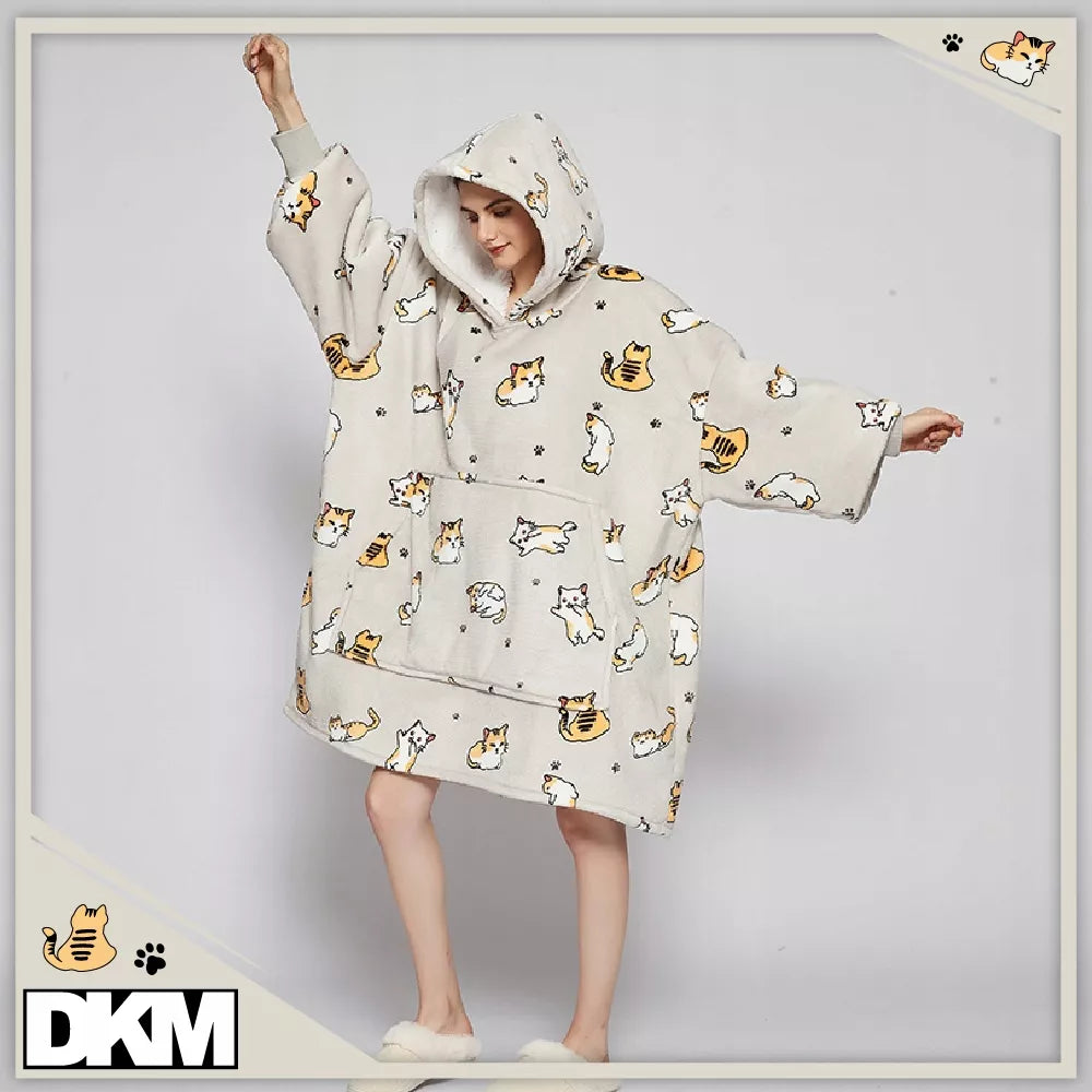 Šilta oversize antklodės džemperis 2 viename, storas XXL, su katėmis.