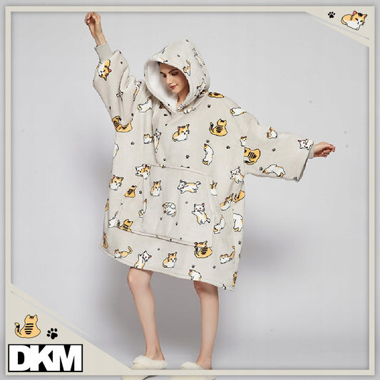 Šilta oversize antklodės džemperis 2 viename, storas XXL, su katėmis. KOCOBLUZA su gobtuvu, patogus