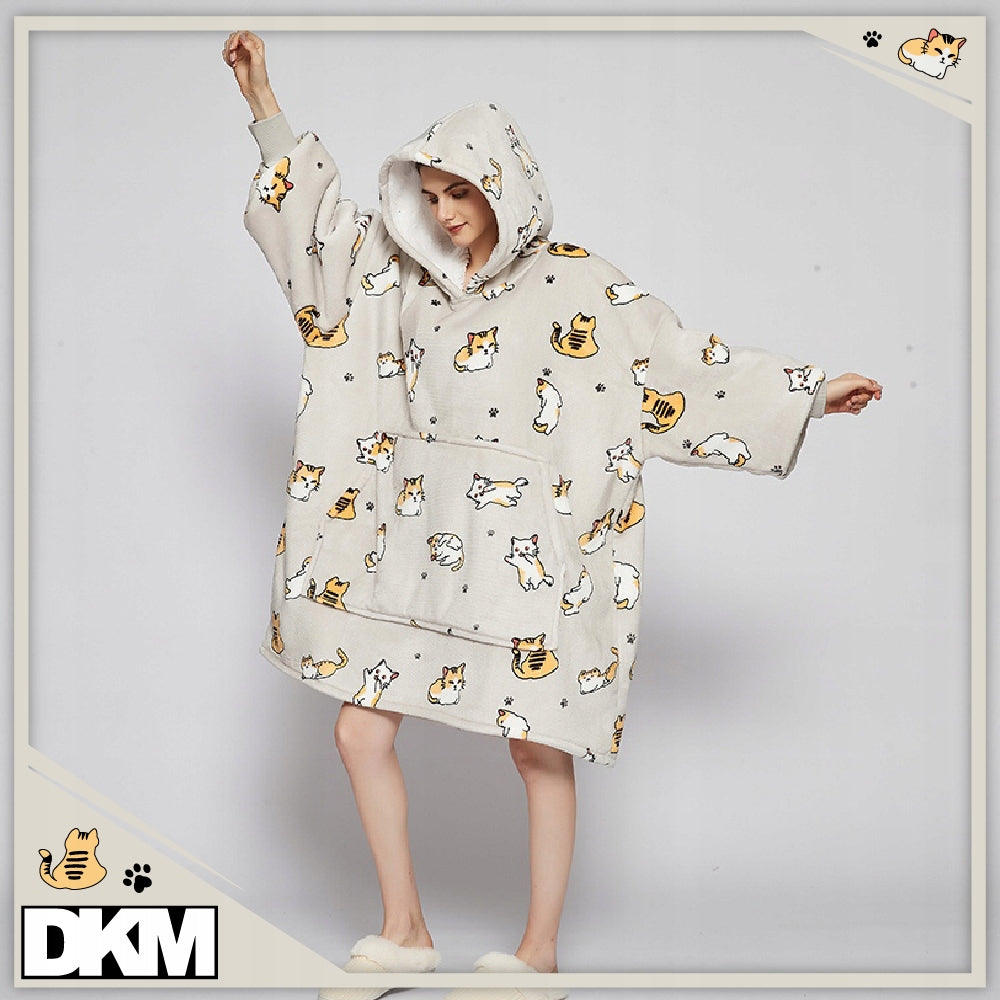 Šilta oversize antklodės džemperis 2 viename, storas XXL, su katėmis. KOCOBLUZA su gobtuvu, patogus