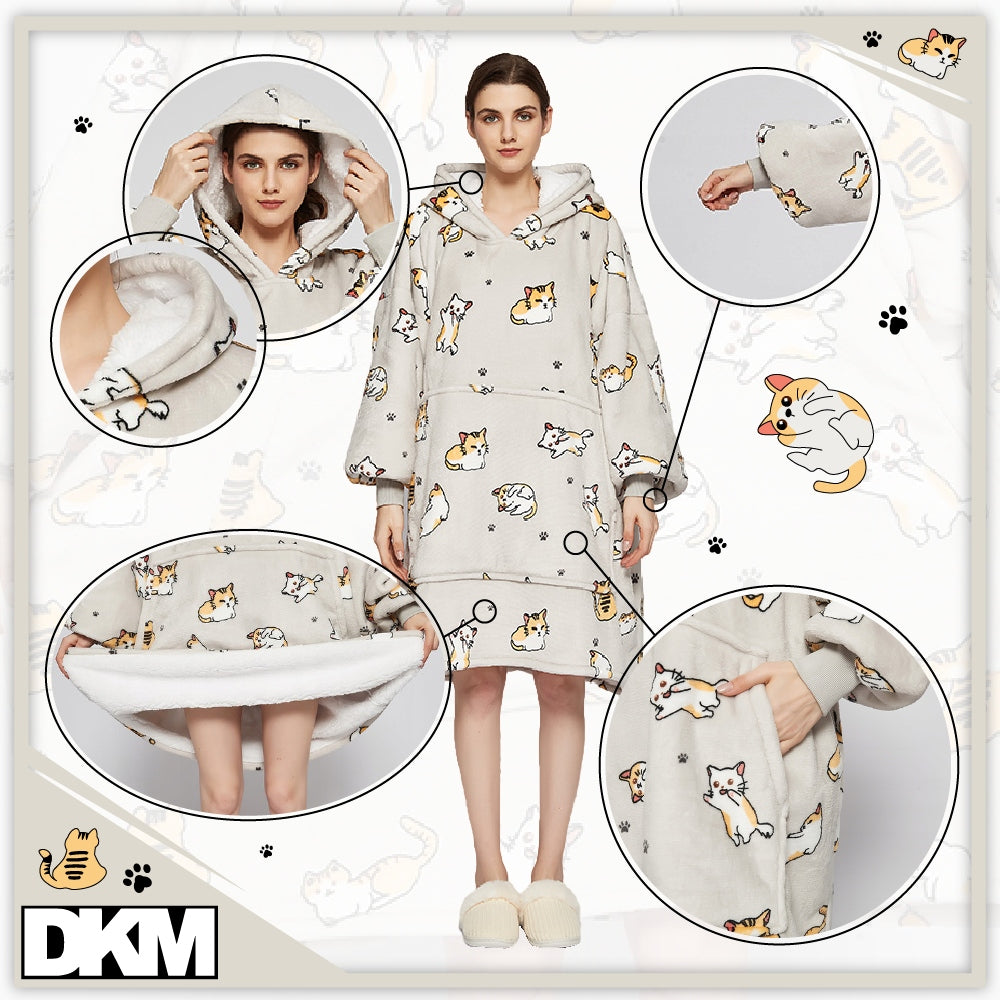 Šilta oversize antklodės džemperis 2 viename, storas XXL, su katėmis. KOCOBLUZA su gobtuvu, patogus