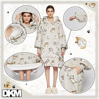 Šilta oversize antklodės džemperis 2 viename, storas XXL, su katėmis. KOCOBLUZA su gobtuvu, patogus