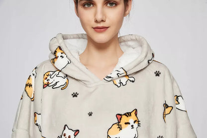 Šilta oversize antklodės džemperis 2 viename, storas XXL, su katėmis.