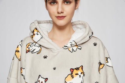 Šilta oversize antklodės džemperis 2 viename, storas XXL, su katėmis. KOCOBLUZA su gobtuvu, patogus