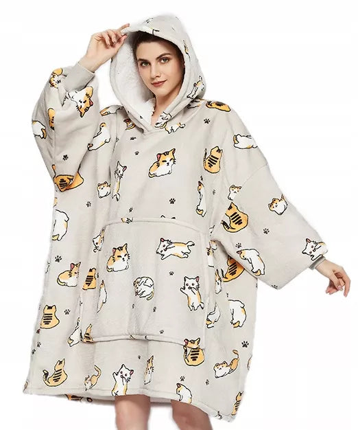 Šilta oversize antklodės džemperis 2 viename, storas XXL, su katėmis.