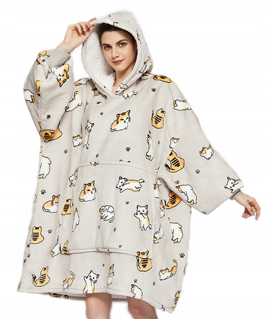 Šilta oversize antklodės džemperis 2 viename, storas XXL, su katėmis. KOCOBLUZA su gobtuvu, patogus