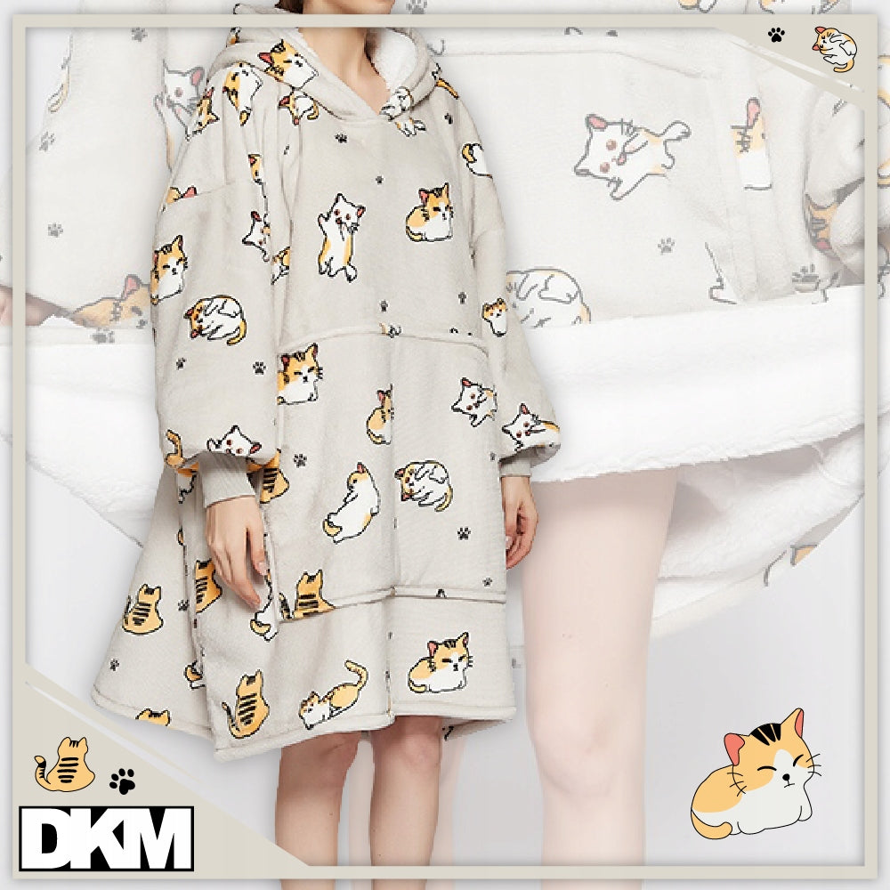 Šilta oversize antklodės džemperis 2 viename, storas XXL, su katėmis. KOCOBLUZA su gobtuvu, patogus