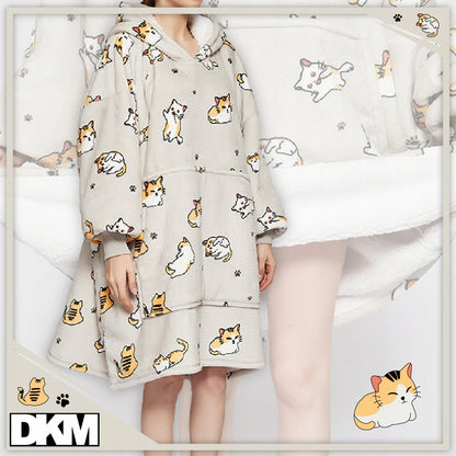 Šilta oversize antklodės džemperis 2 viename, storas XXL, su katėmis. KOCOBLUZA su gobtuvu, patogus