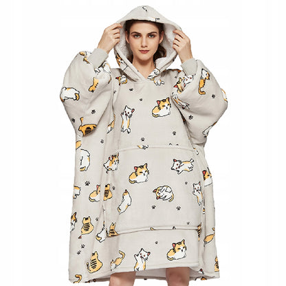 Šilta oversize antklodės džemperis 2 viename, storas XXL, su katėmis. KOCOBLUZA su gobtuvu, patogus