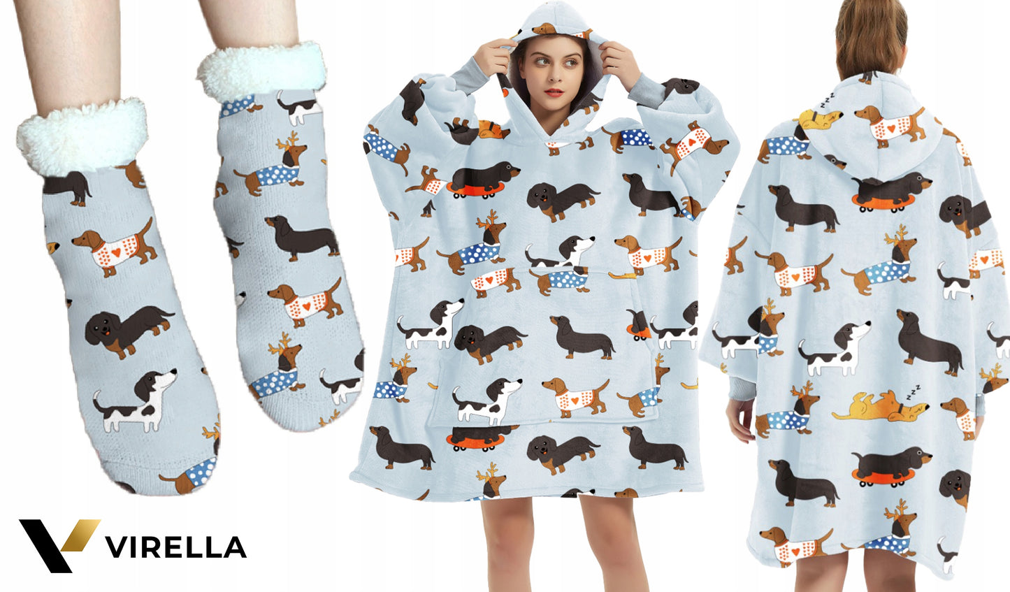 KOC Oversize storas pledinis džemperis su gobtuvu, šuniukai, kailinis, XXL + kojinės