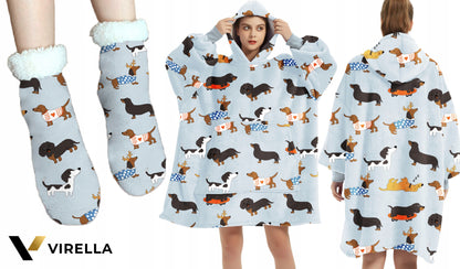 KOC Oversize storas pledinis džemperis su gobtuvu, šuniukai, kailinis, XXL + kojinės