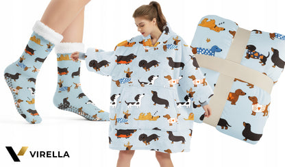 KOC Oversize storas pledinis džemperis su gobtuvu, šuniukai, kailinis, XXL + kojinės