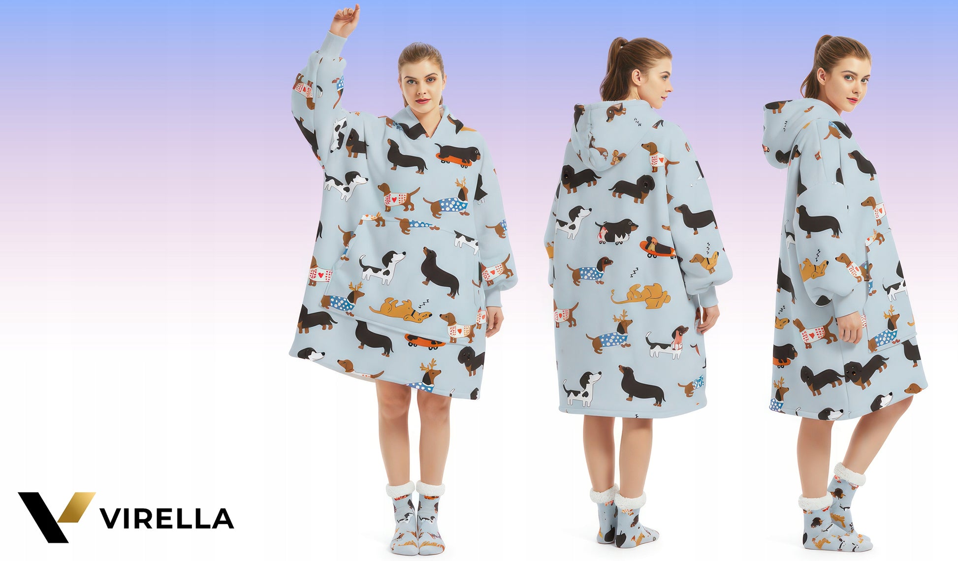 KOC Oversize storas pledinis džemperis su gobtuvu, šuniukai, kailinis, XXL + kojinės