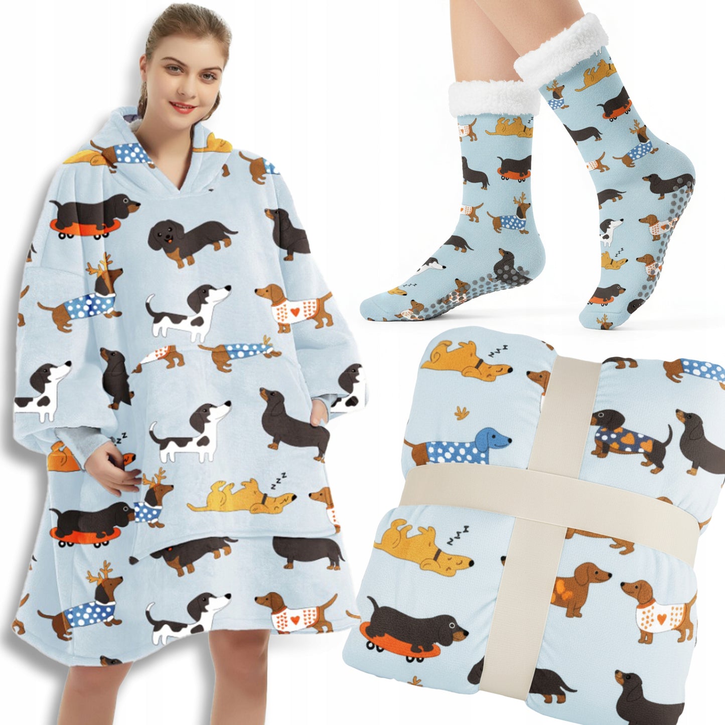 KOC Oversize storas pledinis džemperis su gobtuvu, šuniukai, kailinis, XXL + kojinės