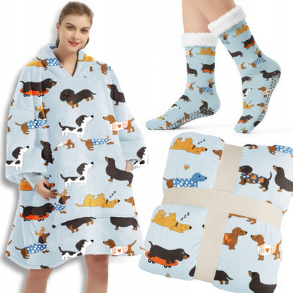 KOC Oversize storas pledinis džemperis su gobtuvu, šuniukai, kailinis, XXL + kojinės