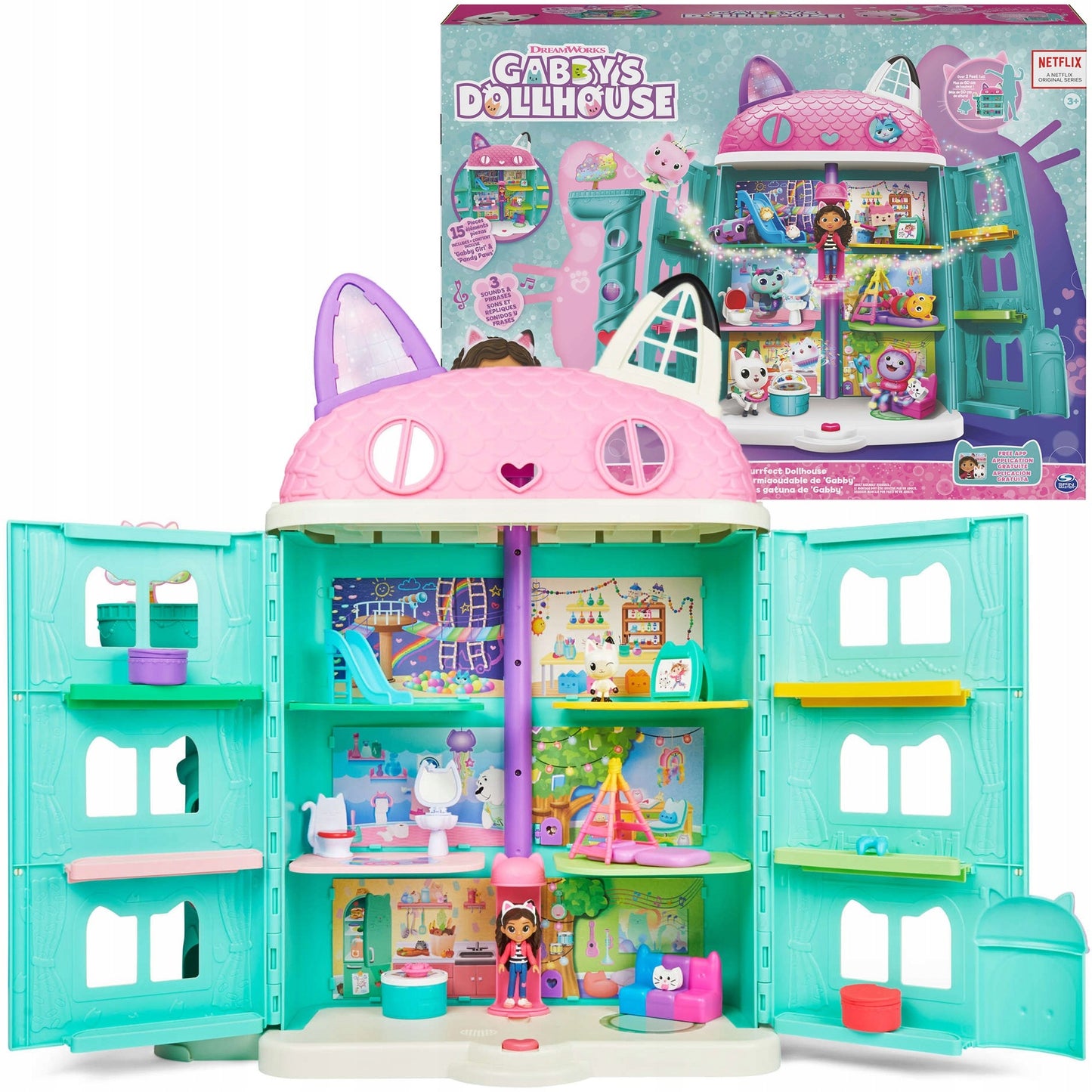 GABBY'S DOLLHOUSE interaktyvus kačių namelis Gabi, didelis 60 cm, su Panduś figūrėlėmis